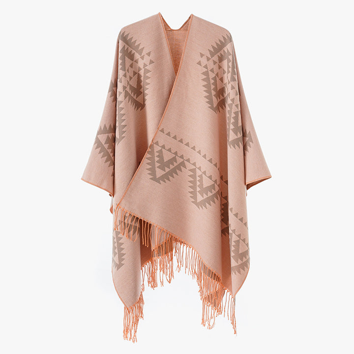 Damen Grobgewebter Jacquard-Umhang im Oversize mit Zipfelsaum und Fransensaum Drune