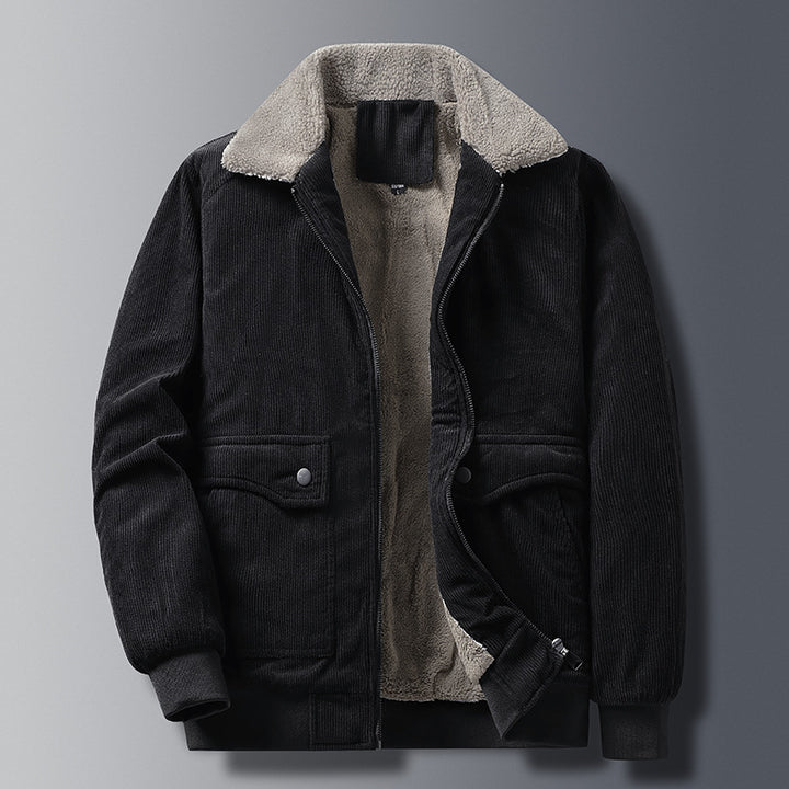 Herren Cordjacke im Worker‑Stil mit Sherpa‑Futter, Reißverschluss und gerippten Bündchen Drune
