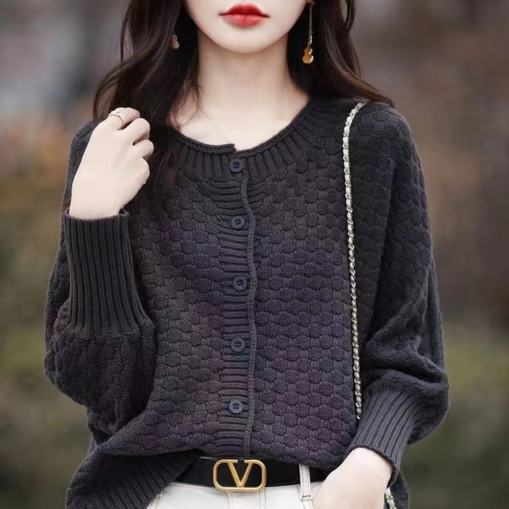Damen lässiger Strickpullover mit Struktur und Knopfleiste Drune