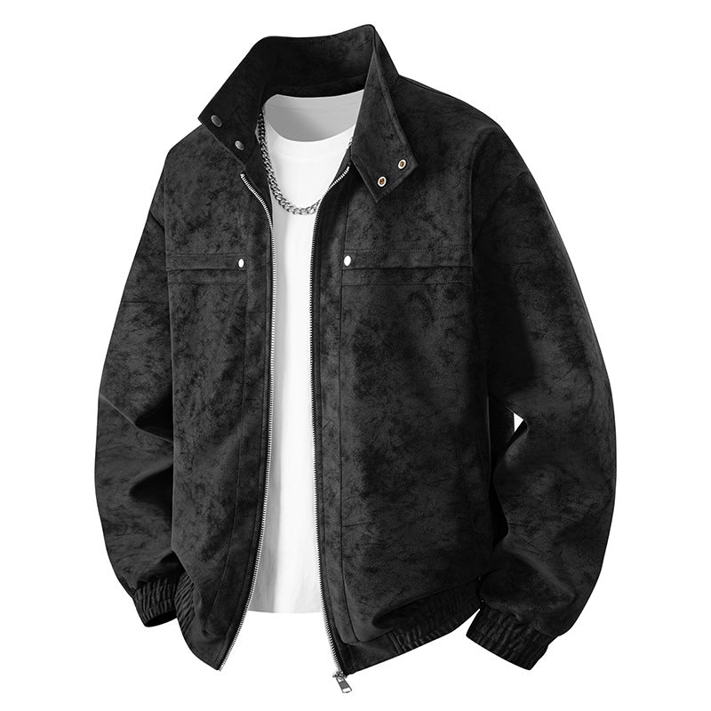 Herren Velours-Imitat Übergangsjacke im Bomberstil mit Stehkragen, Druckknopfleiste & elastischen Bündchen Drune