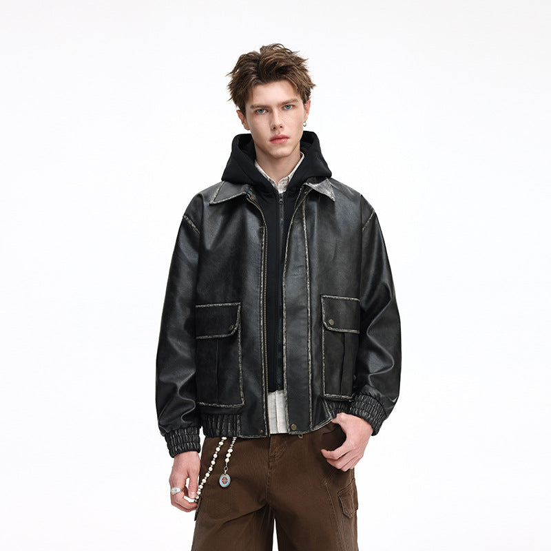 Herren Oversized Faux‑Leather Bomberjacke mit abnehmbarer Kapuze und Utility‑Taschen Drune