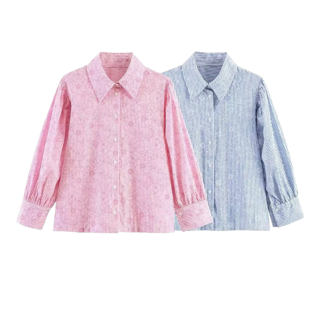 Damen Gestreifte Baumwollbluse mit Puffärmeln und Tonaler Stickerei Drune