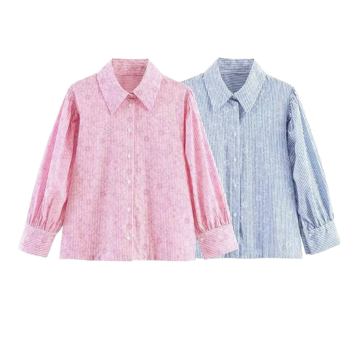 Damen Gestreifte Baumwollbluse mit Puffärmeln und Tonaler Stickerei Drune