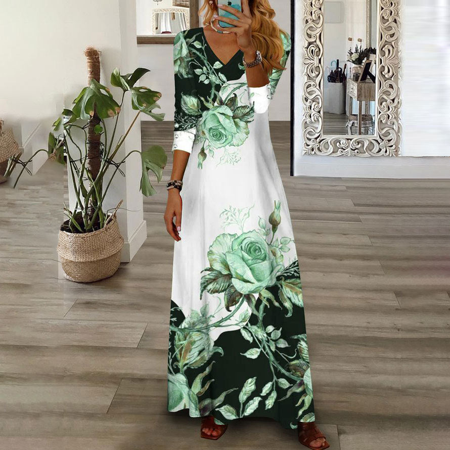 Damen Maxi-Kleid mit V-Ausschnitt, 3/4-Ärmeln und großem Rosendruck Drune