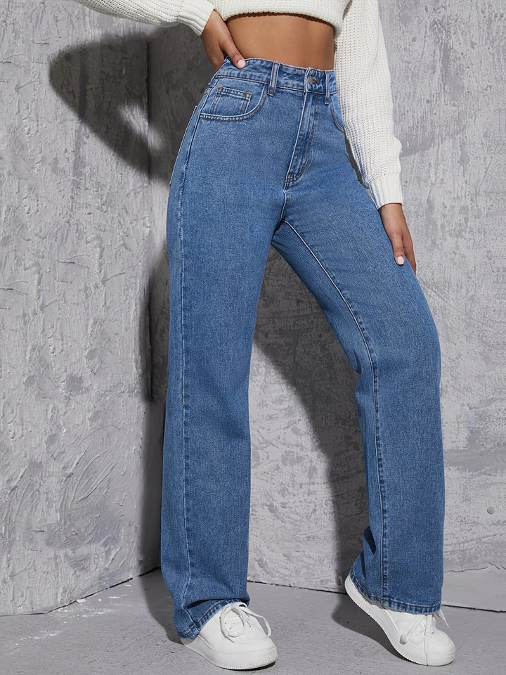 Damen hoch taillierte weite Jeans mit schickem Schnitt und dezenten Waschungen Drune