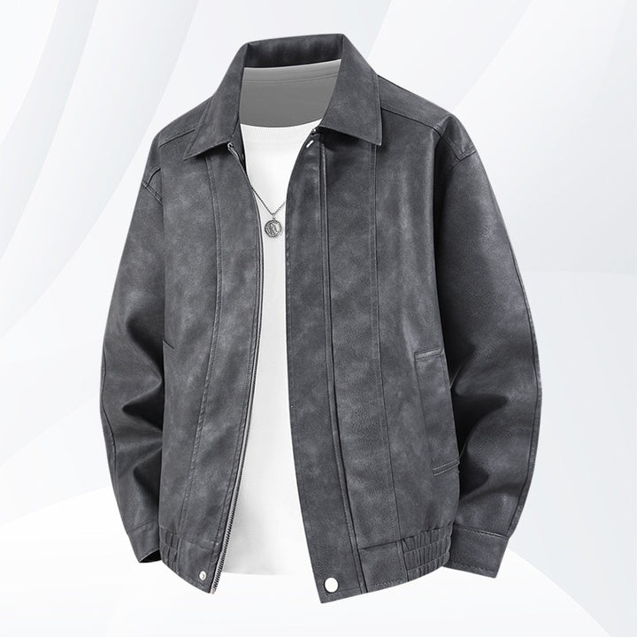 Herren Kurz geschnittene Kunstlederjacke im Vintage‑Look mit Hemdkragen & durchgehendem Reißverschluss Drune