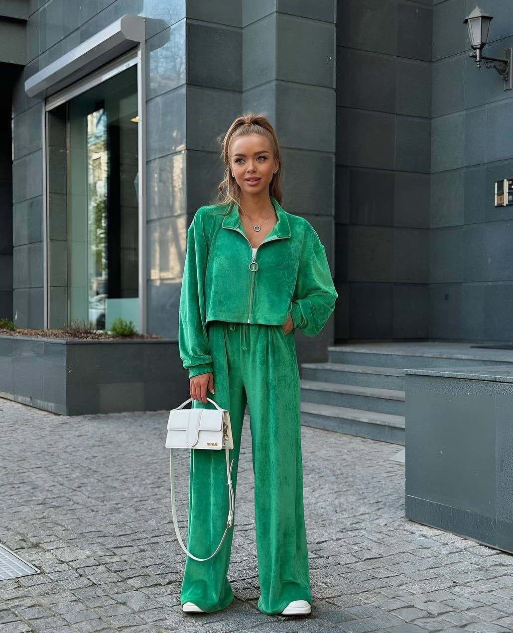 Damen gekürztes Velours-Cropped-Hoodie mit Stehkragen und elastischer High-Waist-Palazzo-Jogginghose Drune