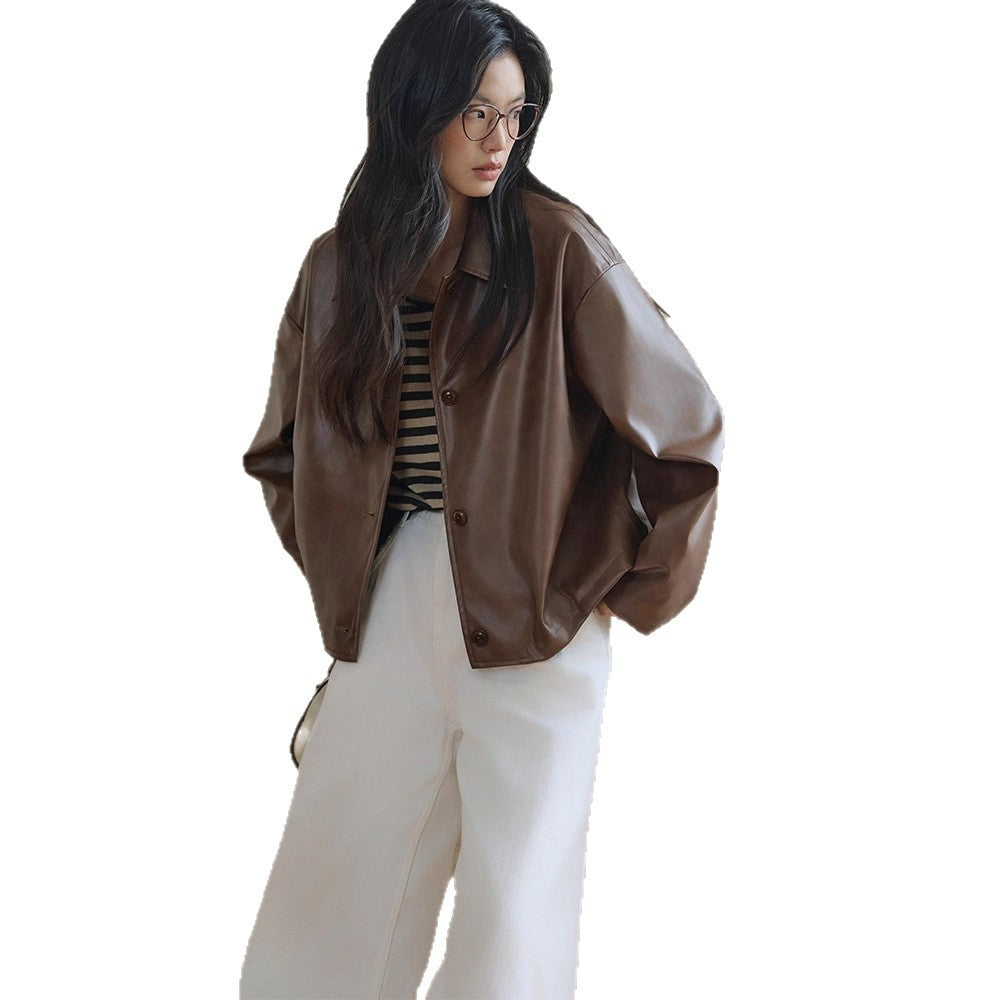 Damen Boxy-Lederoptik-Jacke mit Hemdkragen und Knopfleiste Drune