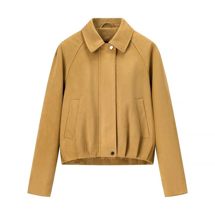 Damen nan cropped Veloursblouson mit Hemdkragen verdeckter Druckknopfleiste und elastischem Saum Drune