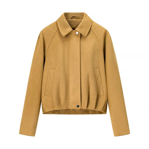 Damen nan cropped Veloursblouson mit Hemdkragen verdeckter Druckknopfleiste und elastischem Saum Drune