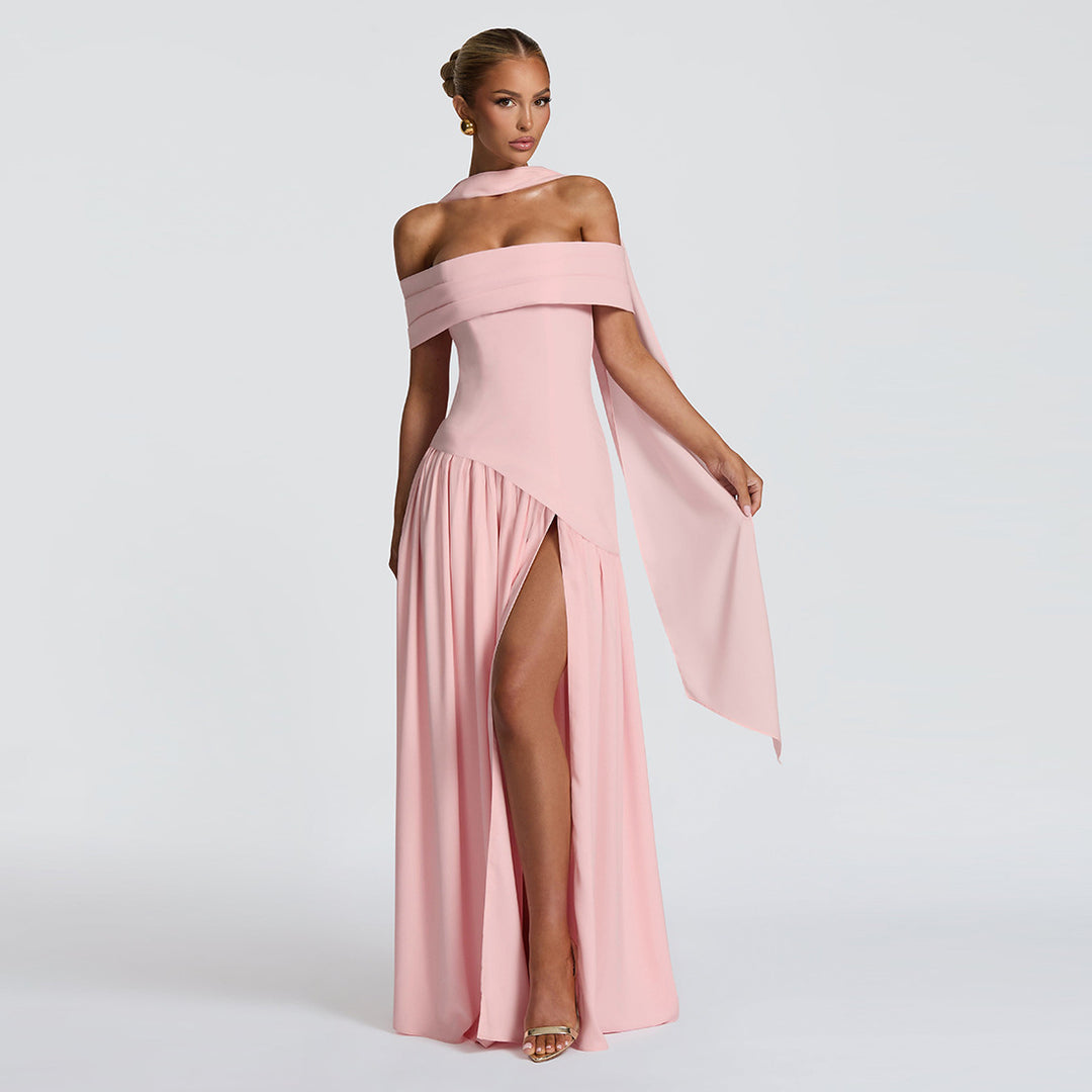 Damen Abendkleid mit schickem Schulterfreies Design und hohem Schlitz Drune