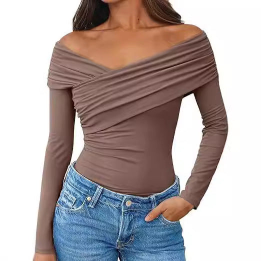Damen Off-Shoulder Langarm-Top mit Wickeloptik und figurbetontem Stretch-Jersey Drune