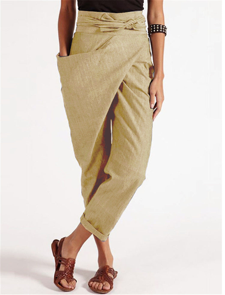 Damen nan Wickelhose aus Leinenmix mit hohem Taillenbund, überlappender Vorderseite und großzügiger Eingrifftasche Drune