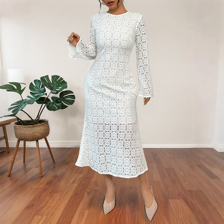 Damen Midikleid aus Häkelspitze mit taillierter Silhouette, Trompetenärmeln und ausgestelltem Saum Drune