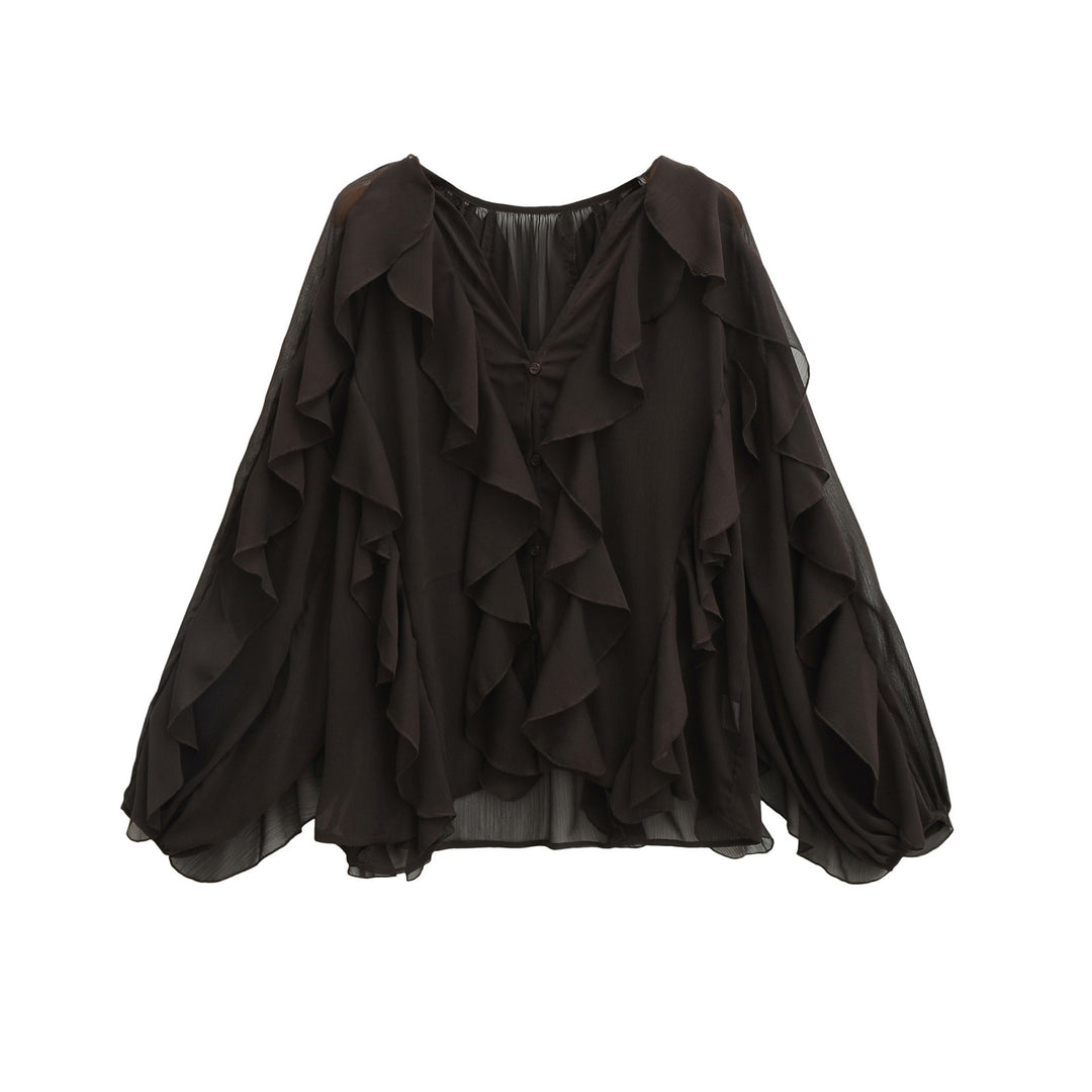 Damen Volant-Chiffonbluse mit Knopfleiste, gerafftem Ausschnitt und Ballonärmeln Drune