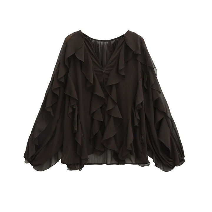 Damen Volant-Chiffonbluse mit Knopfleiste, gerafftem Ausschnitt und Ballonärmeln Drune