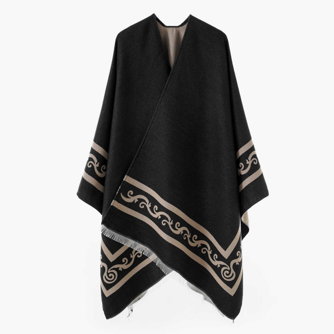Damen Oversize Jacquard-Capeponcho aus Wollmix mit geometrischem Muster und Fransen Drune
