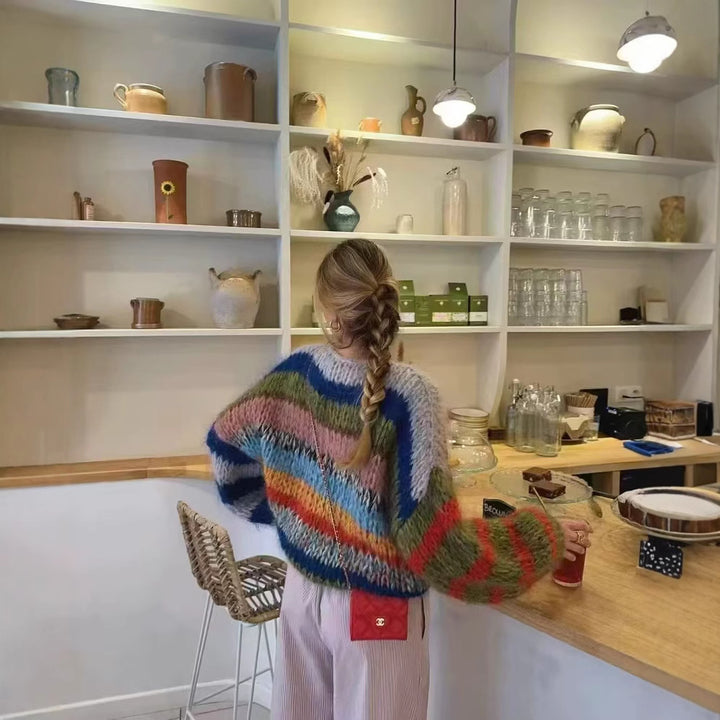Damen Oversize-Strickpullover aus Mohairmix mit voluminösen Ballonärmeln und Blockstreifen Drune