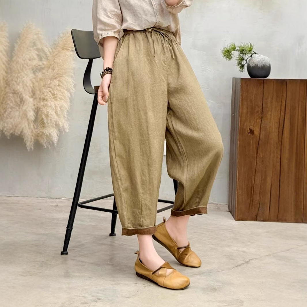 Damen Relaxed Fit Hohe Taille Hose mit verstellbarem Zugband Drune