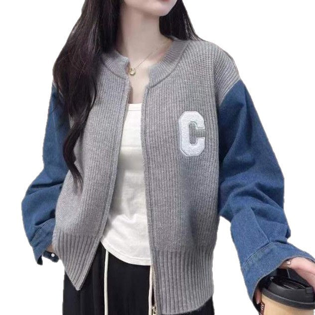 Damen Trendige Strickjacke mit Denim-Ärmeln Drune