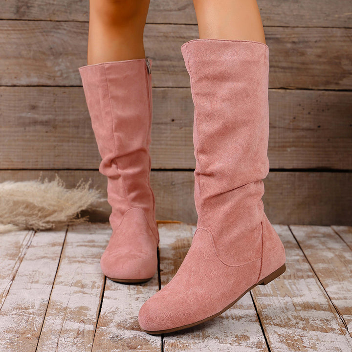 Damen kniehoher Slouch-Stiefel mit seitlichem Reißverschluss und flacher Profilsohle Drune