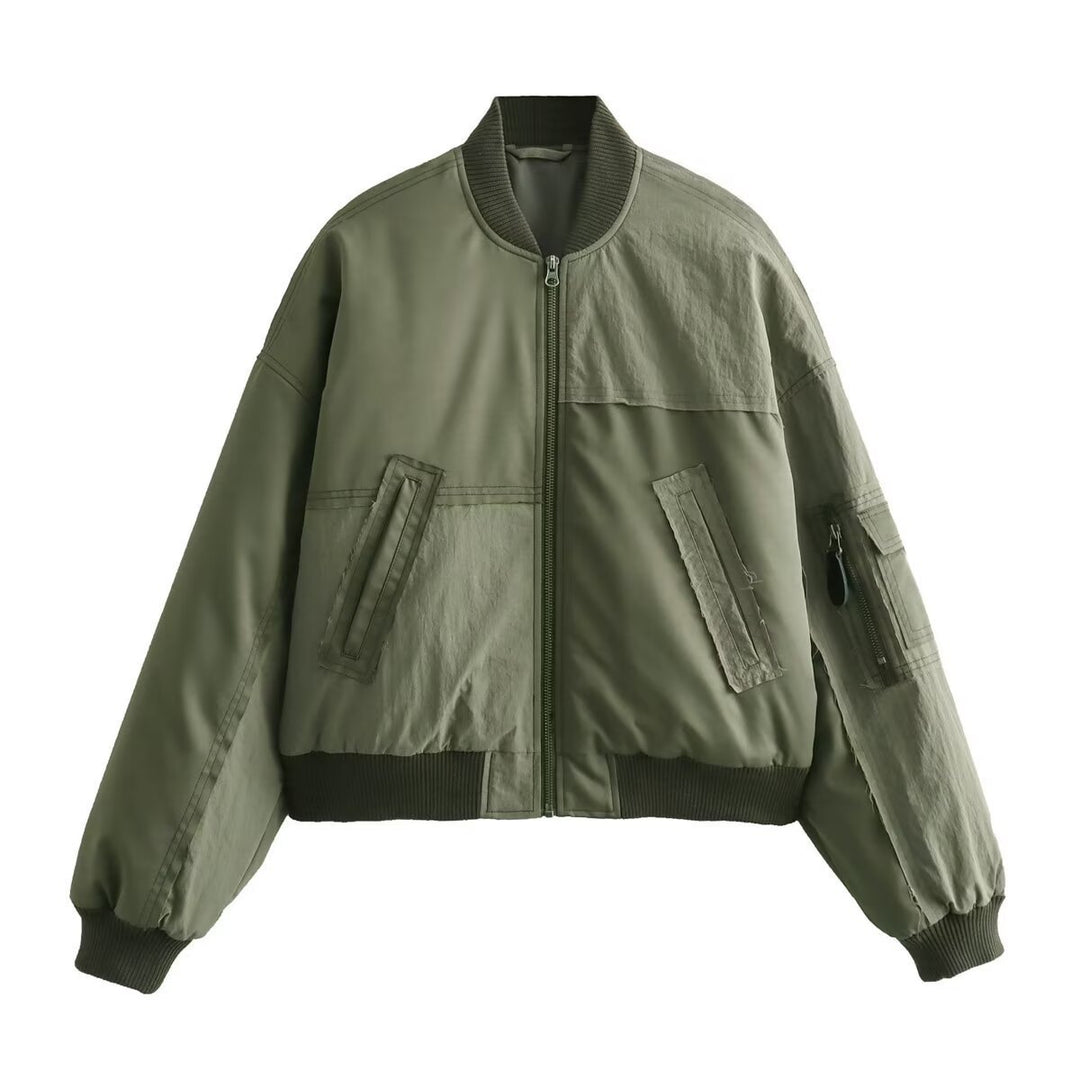 Damen Kurze Oversize-Bomberjacke mit Utility-Taschen und Rippbündchen Drune