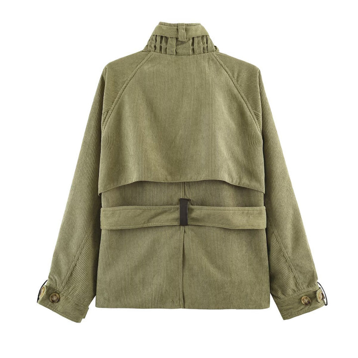 Damen Taillierte Cordfeldjacke mit Stehkragen Schulterpasse und Gürtel Drune