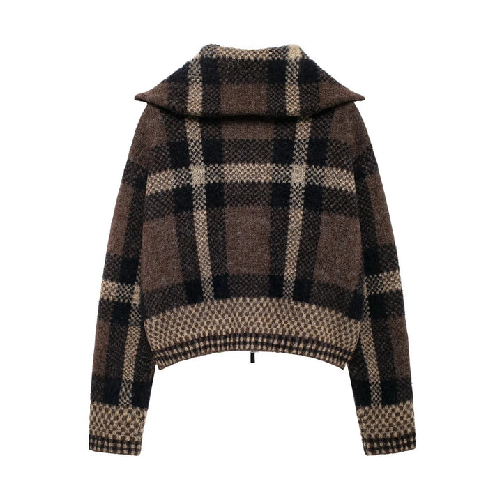 Damen 70+ kurzer kariert melierter Strickpullover mit halbem Reißverschlusskragen Drune
