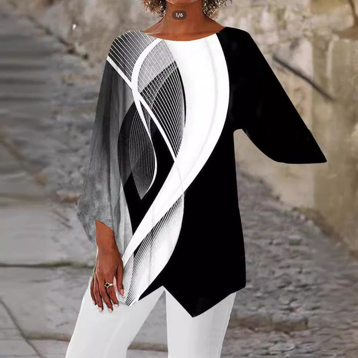 Damen asymmetrisches Langarmshirt mit Grafikdruck und Fledermausärmeln Drune
