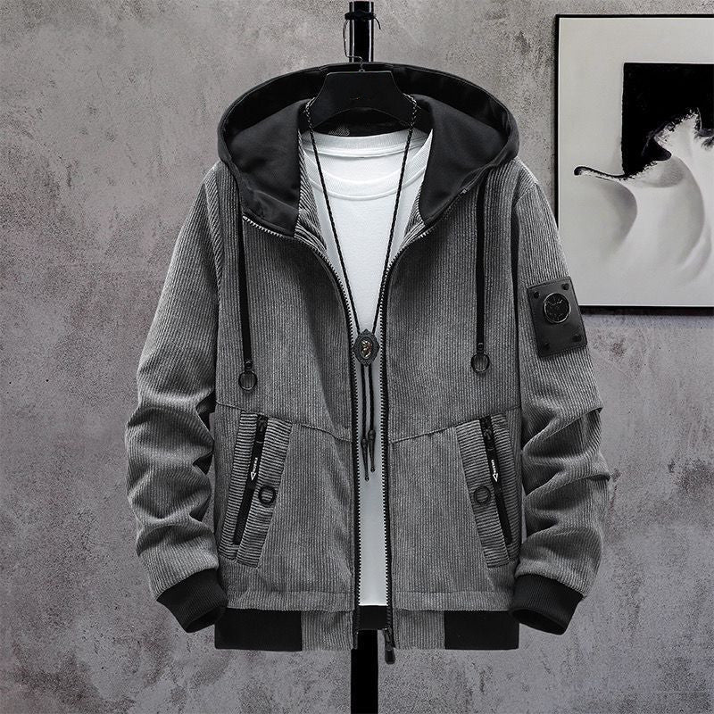 Herren Modische Cordjacke mit abnehmbarer Kapuze Drune