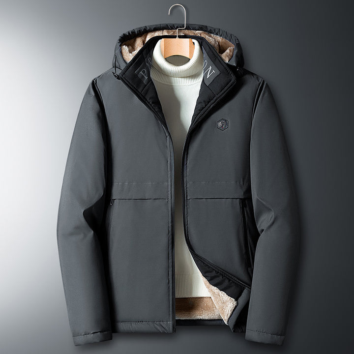Herren Übergangsjacke mit Teddyfutter, winddichter Außenhülle und Kapuze Drune