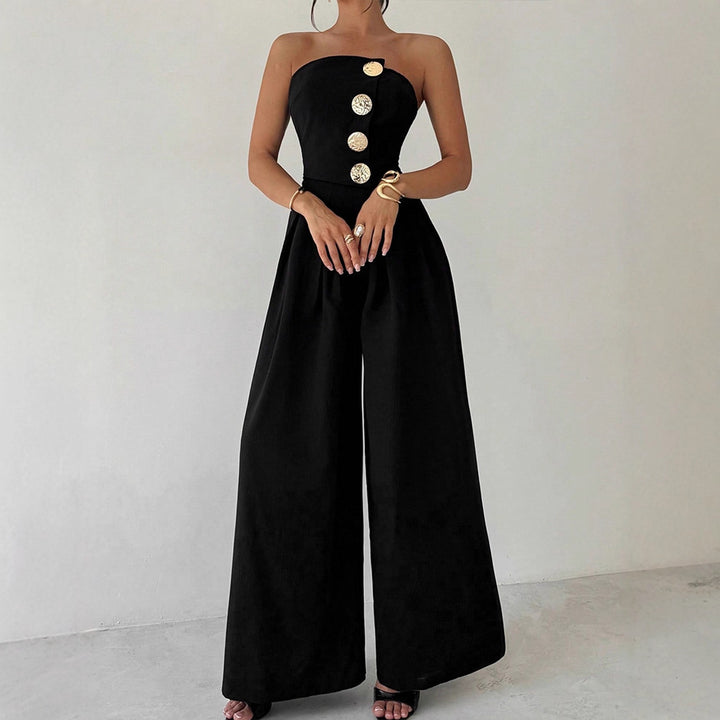 Damen Elegantes Jumpsuit mit asymmetrischem Ausschnitt und dekorativen Knöpfen Drune