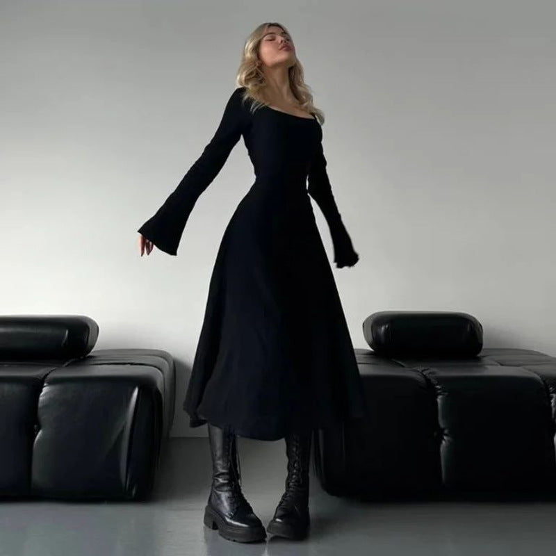 Damen elegantes Maxikleid mit tiefem V-Ausschnitt und schwingendem Rock Drune