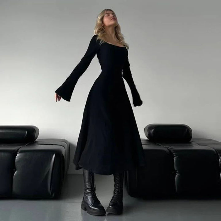 Damen elegantes Maxikleid mit tiefem V-Ausschnitt und schwingendem Rock Drune