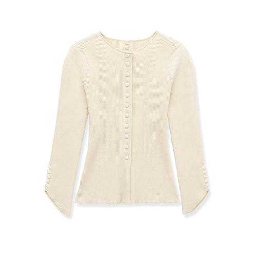 Damen Feinstrick-Cardigan mit durchgehender Knopfleiste, taillierter Rippenstruktur und geschwungenem Saum Drune