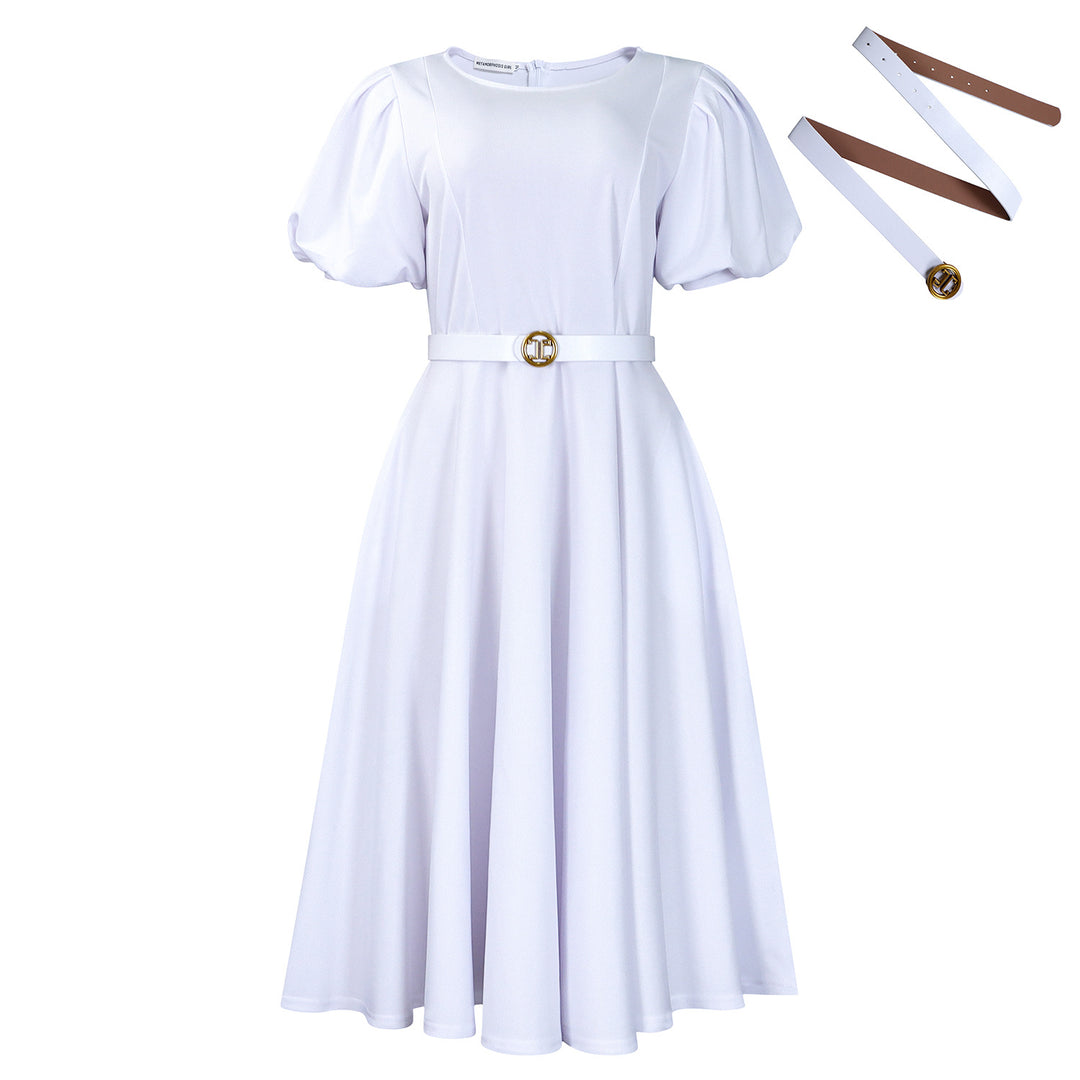 Damen Midi-Kleid mit Puffärmeln und tailliertem Gürtel Drune