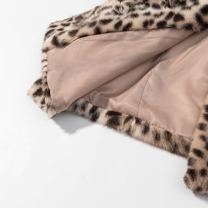 Damen Kurzjacke aus Kunstfell mit Leopardenmuster und Rundhalsausschnitt Drune