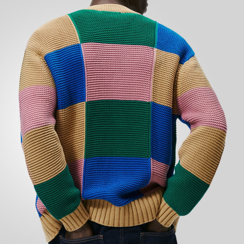 Herren Strickjacke mit buntem Blockmuster und bequemen Knöpfen Drune