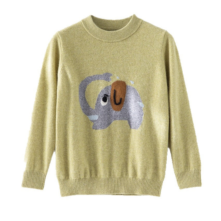 Damen Feinstrick-Pullover mit plüschiger Elefanten-Intarsia und Rippbündchen Drune
