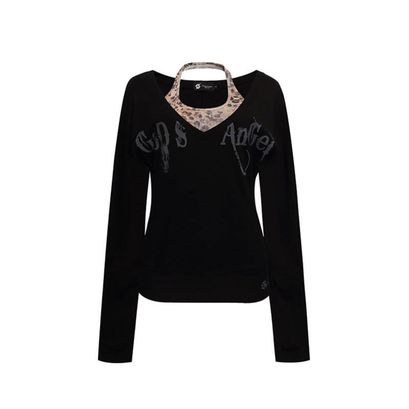 Damen Lagen-Langarmshirt mit integriertem Neckholder und Vintage-Grafik Drune
