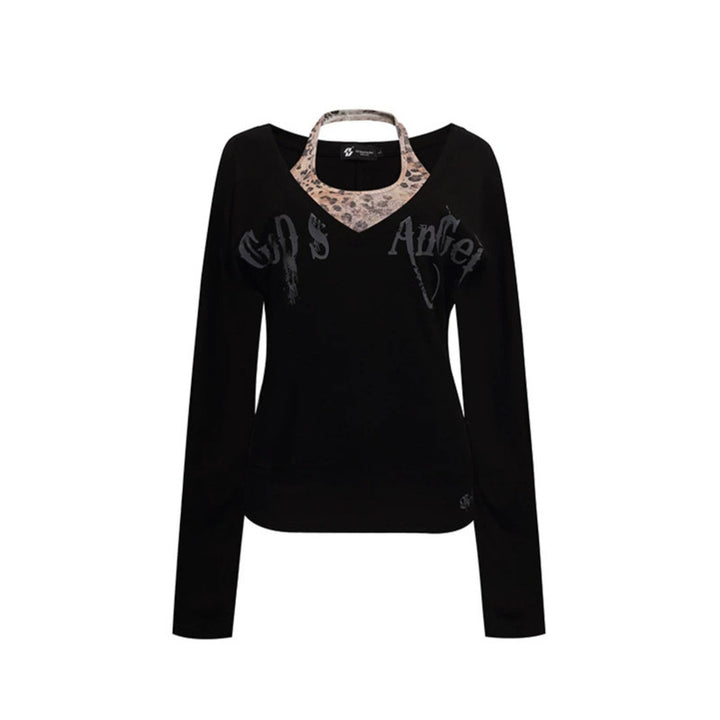 Damen Lagen-Langarmshirt mit integriertem Neckholder und Vintage-Grafik Drune