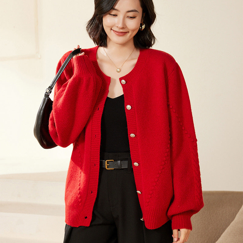 Damen Strickcardigan mit Strukturmuster, Ballonärmeln und Perlmuttknopfleiste Drune