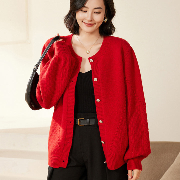 Damen Strickcardigan mit Strukturmuster, Ballonärmeln und Perlmuttknopfleiste Drune