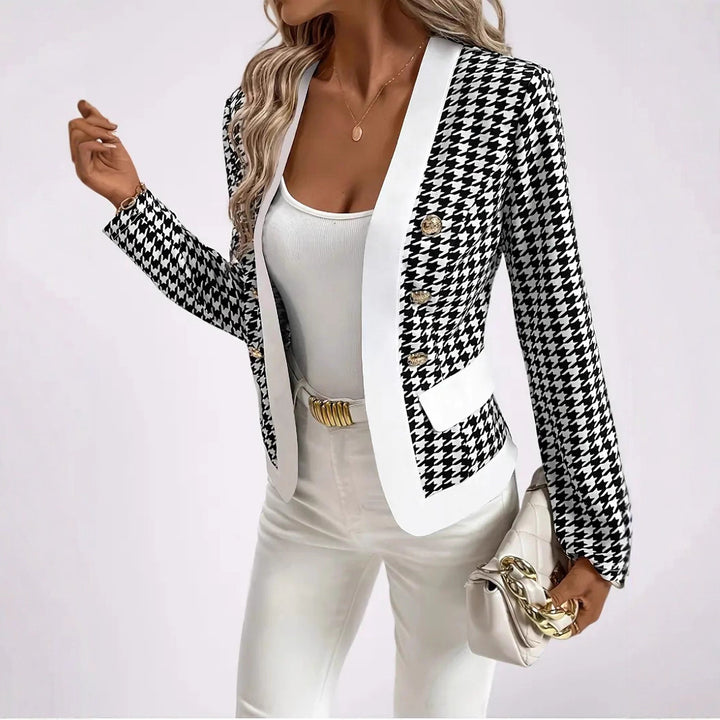Damen Moderne Blazerjacke mit Hahnentrittmuster und eleganten Knöpfen Drune