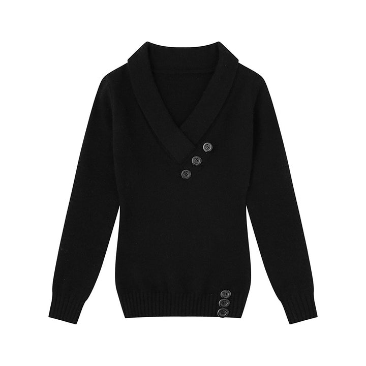 Damen Feinstrick-Pullover mit Schalkragen, V-Ausschnitt und Zierknöpfen Drune