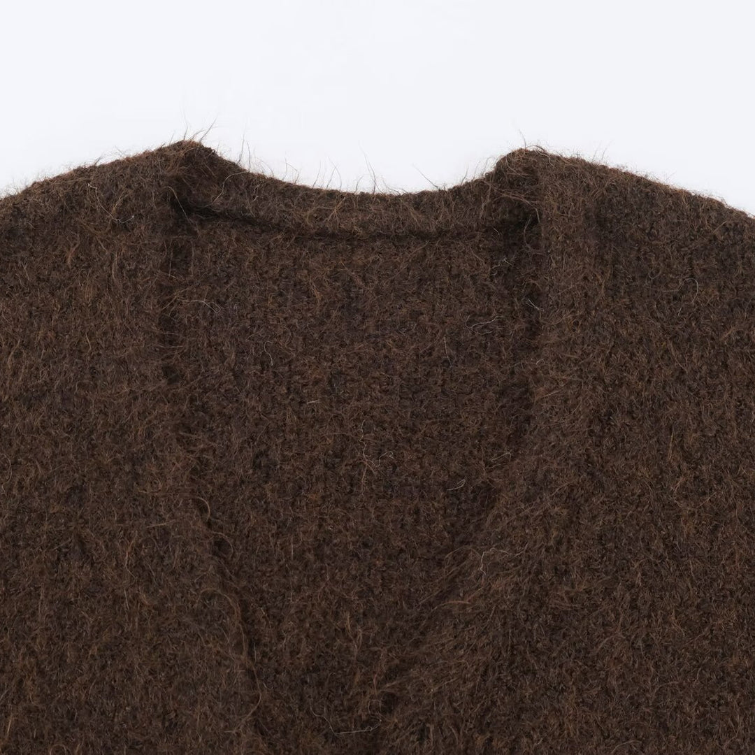 Damen Oversize Strickmantel mit V‑Ausschnitt, kuscheliger Bouclé‑Optik und aufgesetzten Taschen Drune