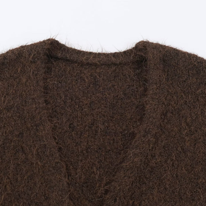 Damen Oversize Strickmantel mit V‑Ausschnitt, kuscheliger Bouclé‑Optik und aufgesetzten Taschen Drune