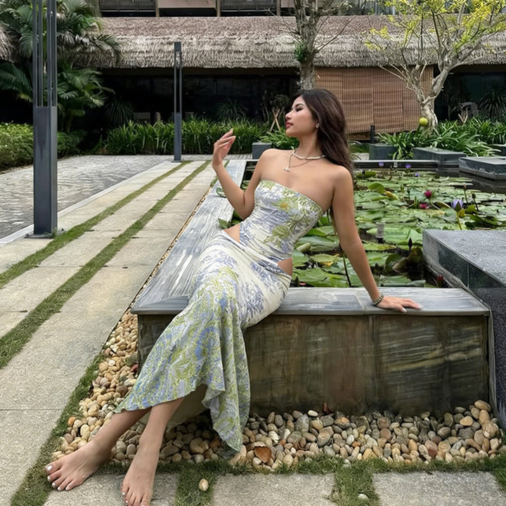 Damen Elegantes Maxikleid mit floralem Muster und figurbetontem Schnitt Drune