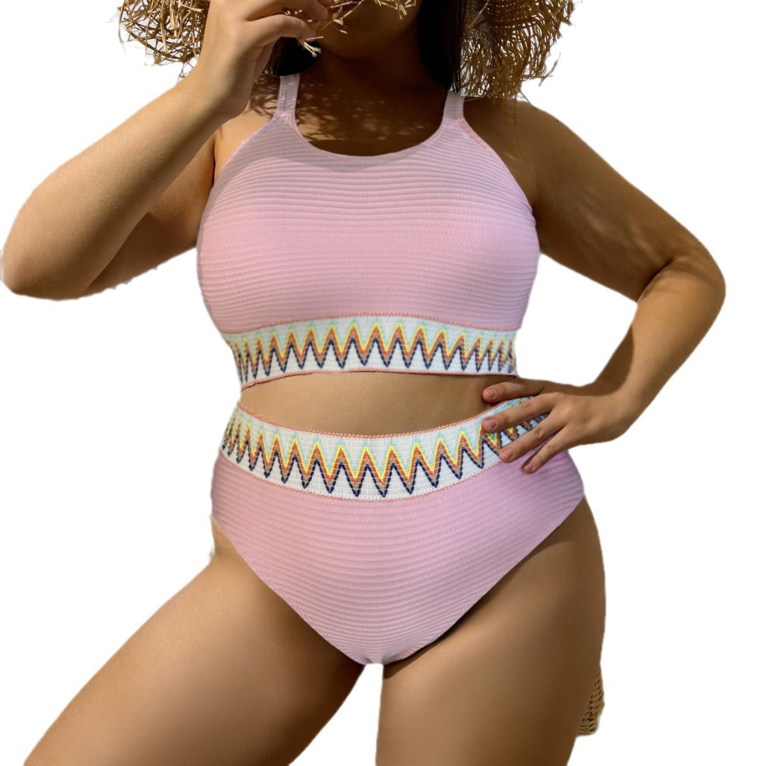 Damen Sportlicher Zweiteiliger Badeanzug mit einzigartigem Cut-Out-Design und buntem Bannermuster Drune