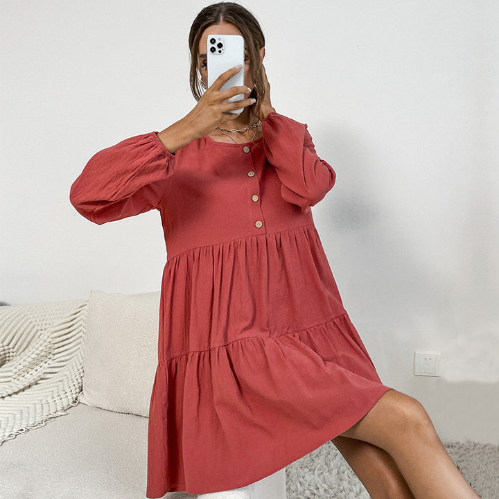 Damen Lockeres Cord-Volantkleid mit Stufenrock & Zierknopfleiste Drune